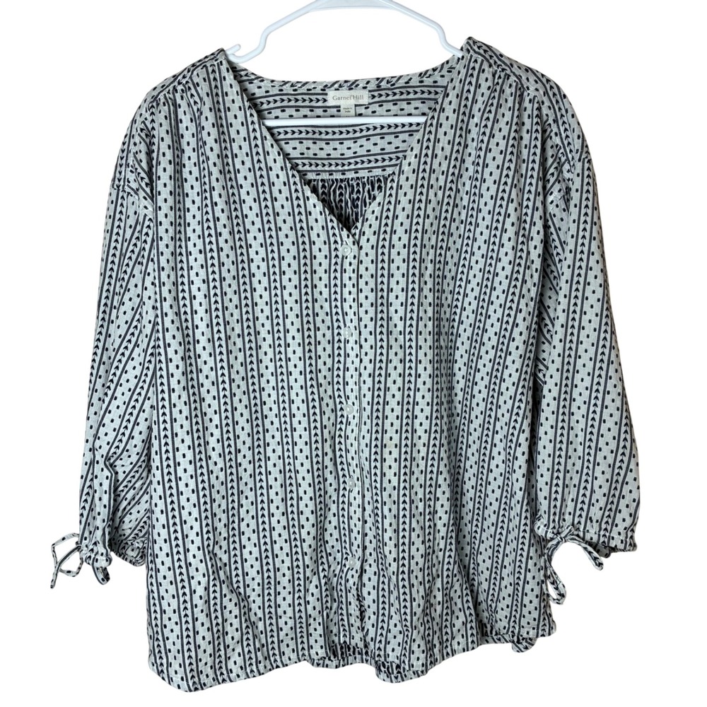 Garnet Hill Womens 14 Blue White Arrow Print Button Front Tie Sleeve Blouse